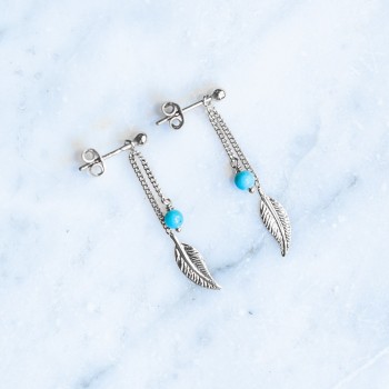 Boucle femme plume et turquoise.