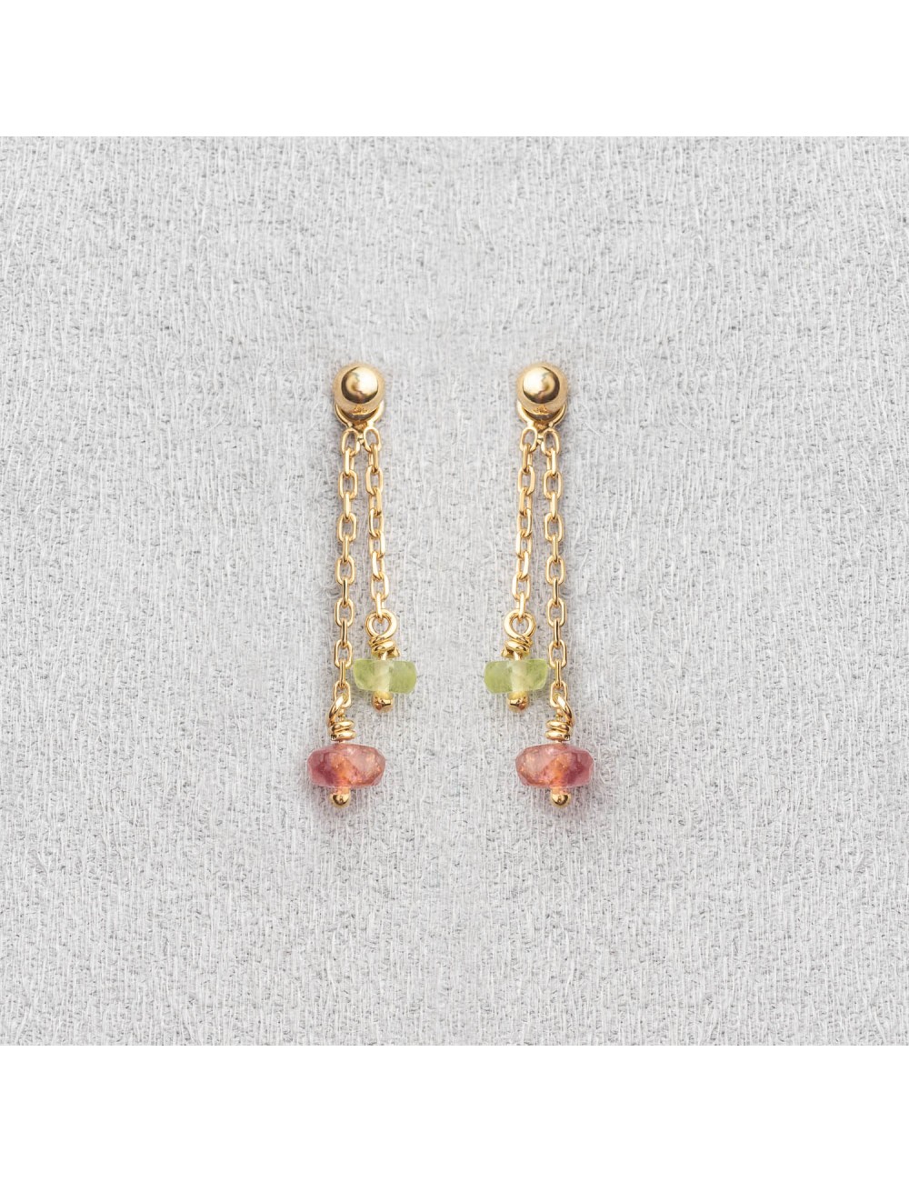 Bijou femme boucles d'oreilles 2 pendants tourmaline rose et péridot vert en Or jaune ou Or blanc.