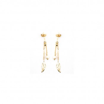 Boucle d'oreille femme plume et perle d'eau douce pendante.