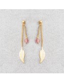 Boucle d'oreille femme plume et tourmaline rose.