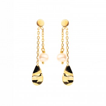 Boucle d'oreille femme pendante goutte froissée et perle d'eau douce.