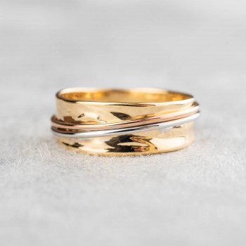 Bague femme or froissé avec fil or blanc et rose 18 carats.