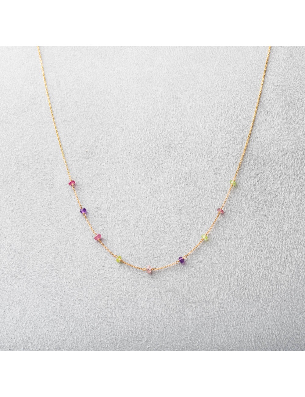 Collier femme en or 18 carats et pierre fine, tourmaline, améthyste et péridot.