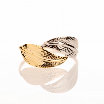 Bague grande double plume en or bicolore 9 carats.