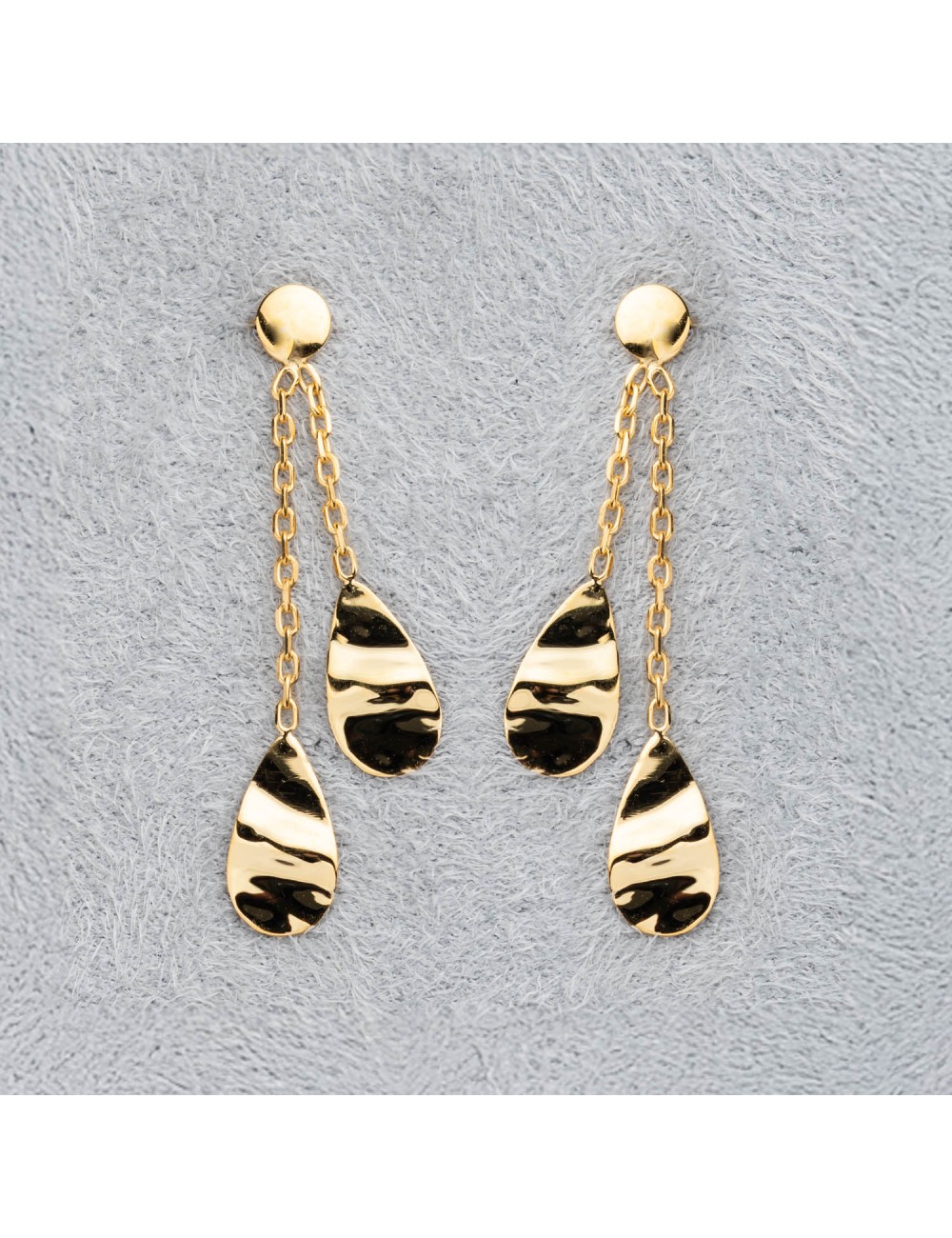 Boucle d'oreille femme double gouttes froissées en or 9 carats.