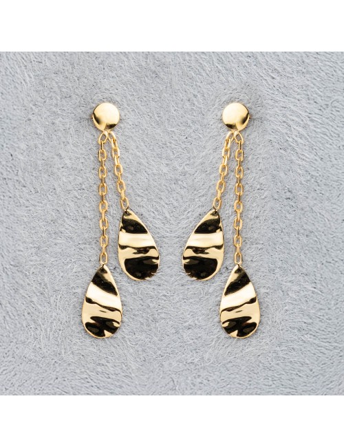Boucle d'oreille femme double gouttes froissées en or 9 carats.