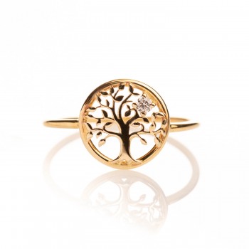 Bague femme arbre de vie et diamant 0,03 carats en or 18 carats.