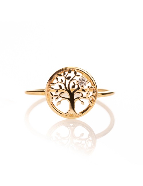 Bague femme arbre de vie et diamant 0,03 carats en or 18 carats.